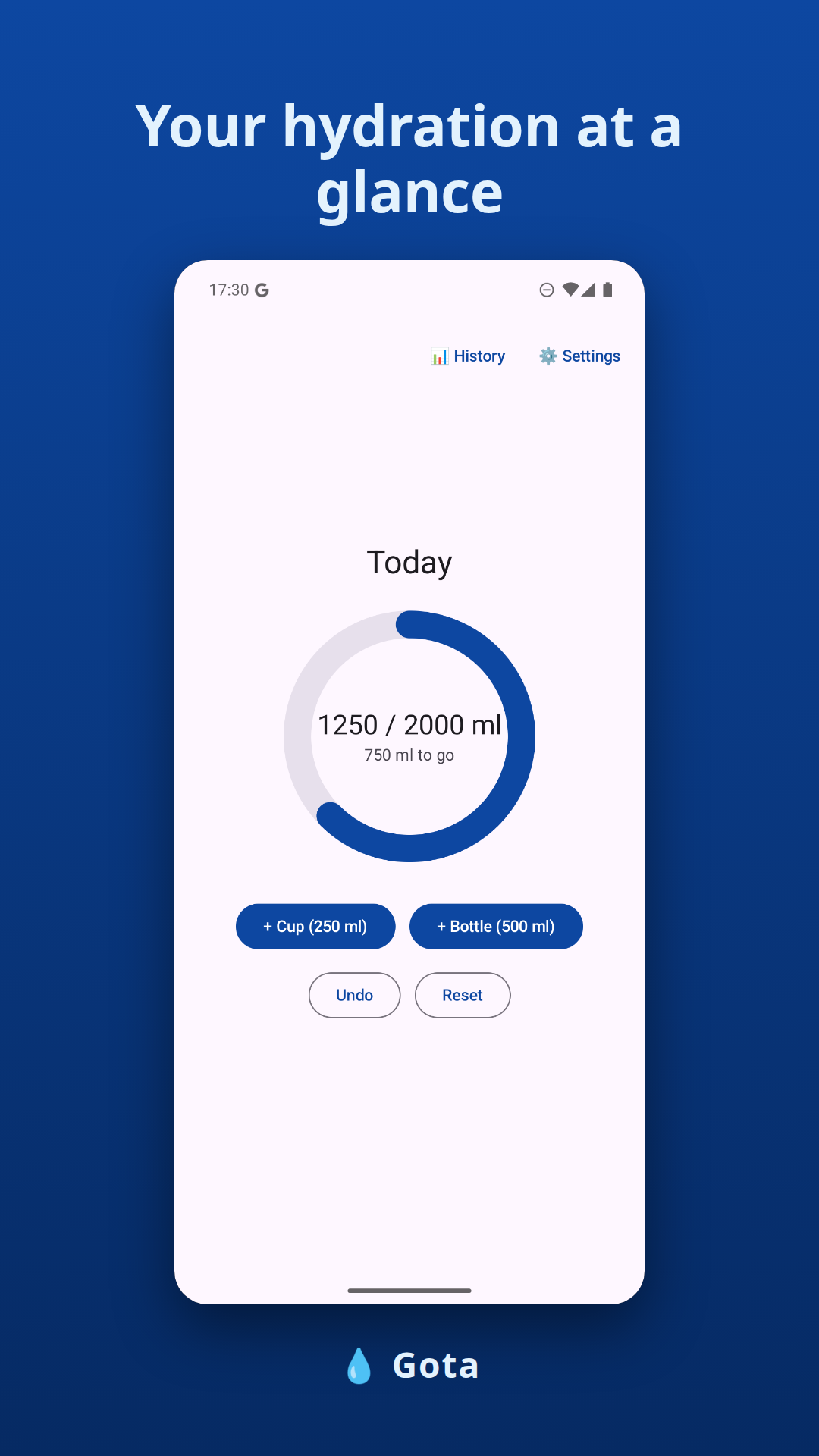 Gota app screenshots showing the progress ring, history, and goal settings — Home screen