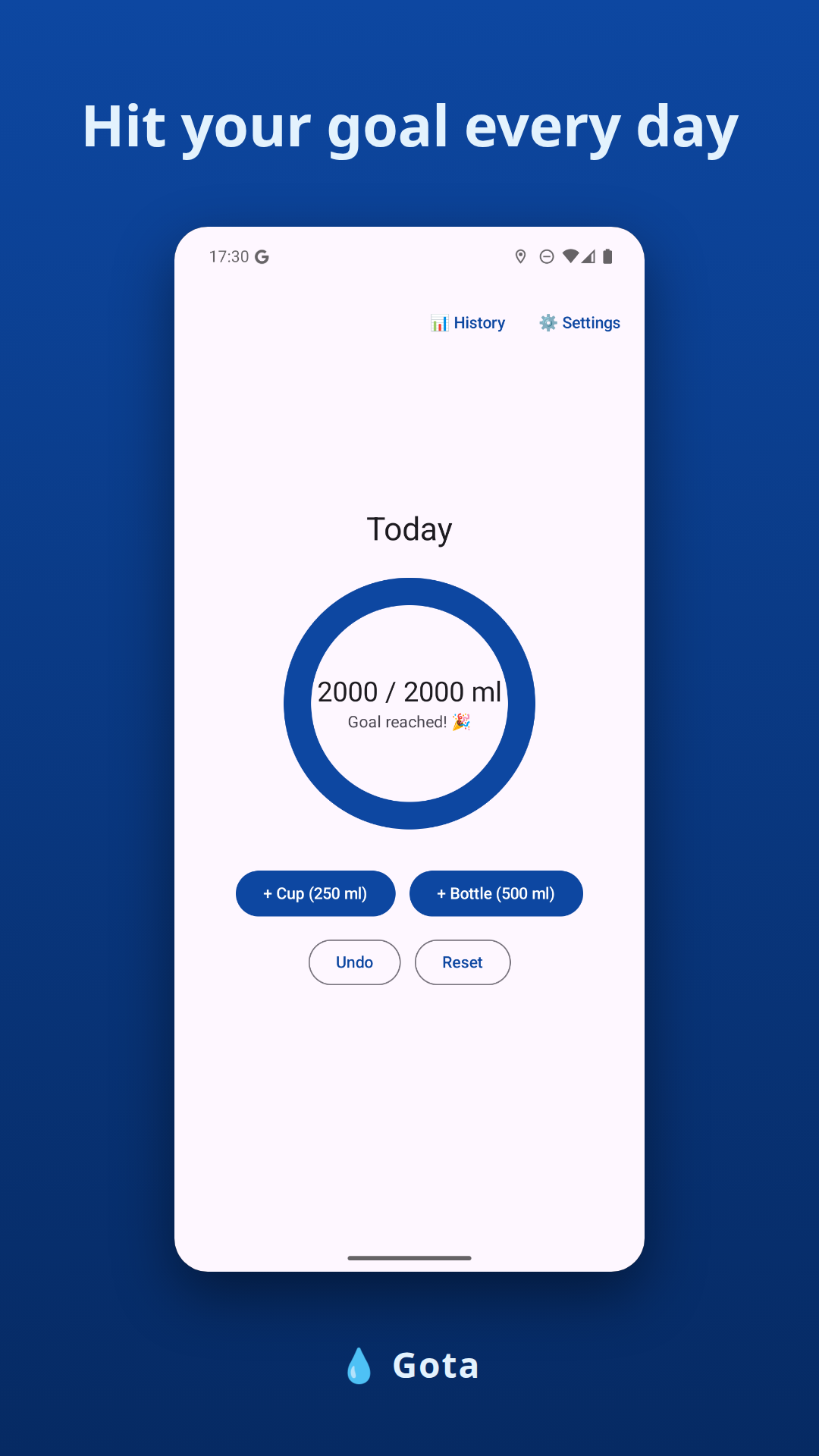 Gota app screenshots showing the progress ring, history, and goal settings — Goal settings screen